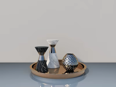 Modern Swing Door Design With Gold Tray Marble Vases And Metal Decorations 3d model