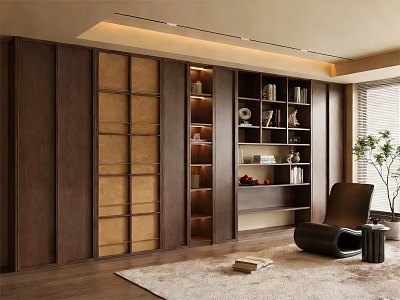 Elegant Modern Wooden Bookcase Interior With Shelves Decorative Items And Ambient Lighting 3d model
