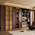 Elegant Modern Wooden Bookcase Interior With Shelves Decorative Items And Ambient Lighting