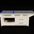 Industrial Equipment Workbench with Black Countertop Blue Borders White Cabinet Drawers and Wheels