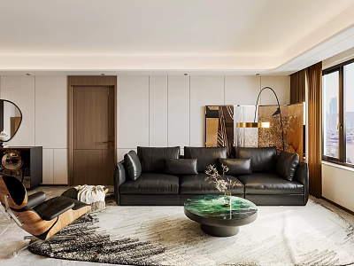 Modern Luxury Living And Dining Room With Black Leather Sofa And Green Marble Coffee Table 3d model