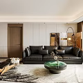 Modern Luxury Living And Dining Room With Black Leather Sofa And Green Marble Coffee Table