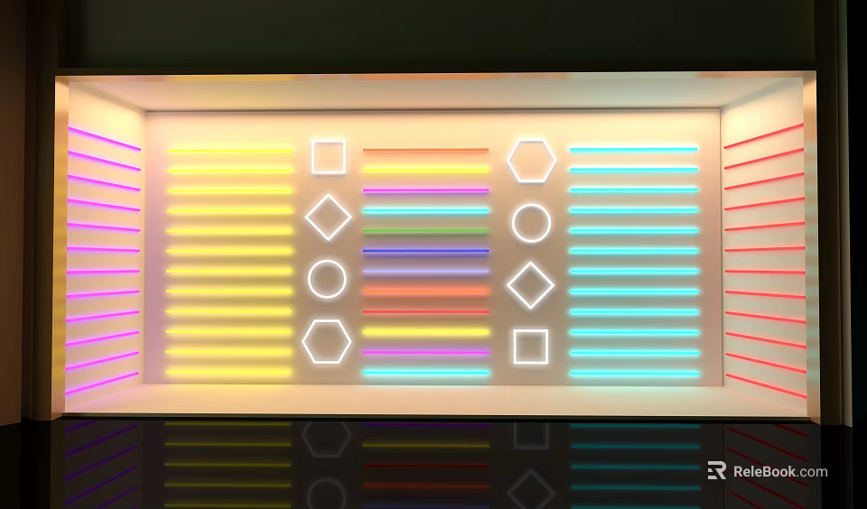 Vibrant Colorful Neon Strips With Geometric Shapes On Modern Display Wall 3d model 