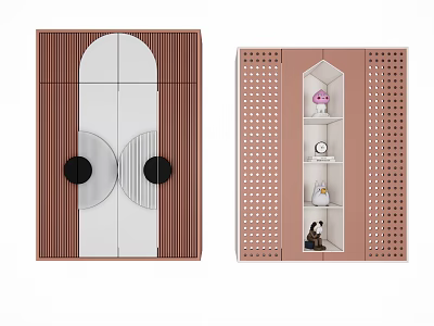 Modern Wardrobe Design With Wooden Panels Round Handles And Perforated Shelves Storage 3d model