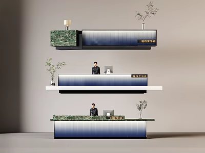 Sleek Modern Reception Desk With Textured Surface Potted Plants And Staff Presence 3d model