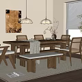 Modern Wooden Dining Table Set With Chairs Bench Pendant Lights Wall Art And Plant Rug
