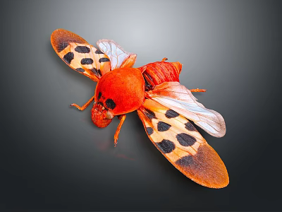 Red Insect with Orange and Black Spotted Wings in Detailed Close up View 3d model