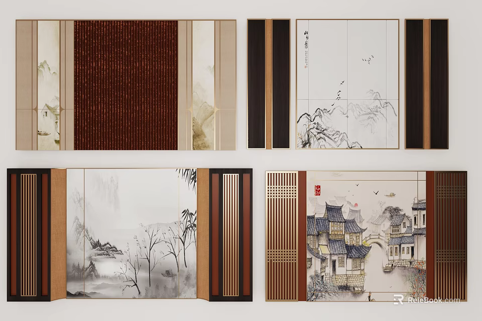 Chinese Style Background Wall With Traditional Landscape Paintings Wooden Frames And Architectural Patterns 3d model 