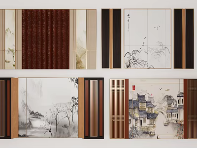 Chinese Style Background Wall With Traditional Landscape Paintings Wooden Frames And Architectural Patterns 3d model