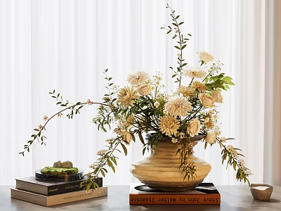 Rustic Ceramic Vase With Blooming White Cream Flowers Greenery On Book Stack Near White Curtains 3d model