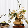 Rustic Ceramic Vase With Blooming White Cream Flowers Greenery On Book Stack Near White Curtains