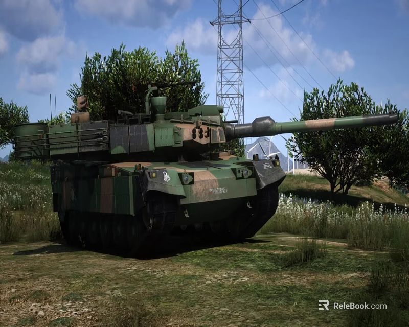 Military Camouflage Main Battle Tank On Grassland With Trees And Power Tower 3d model 