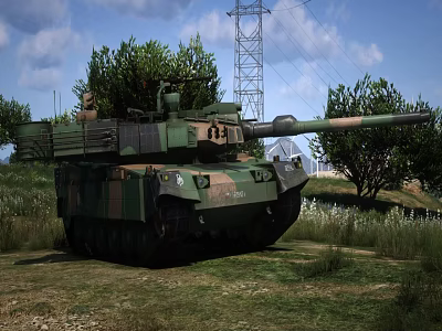 Military Camouflage Main Battle Tank On Grassland With Trees And Power Tower 3d model