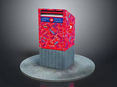 Red Patterned Postal Mailbox With Gray Concrete Base On Circular Platform 3d model
