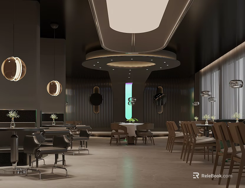 Modern Dark Toned Restaurant Interior With Pendant Lights Round Tables Green Plants And Windows 3d model 