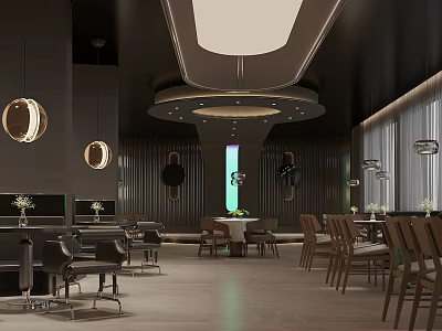 Modern Dark Toned Restaurant Interior With Pendant Lights Round Tables Green Plants And Windows 3d model