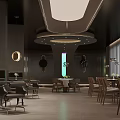 Modern Dark Toned Restaurant Interior With Pendant Lights Round Tables Green Plants And Windows
