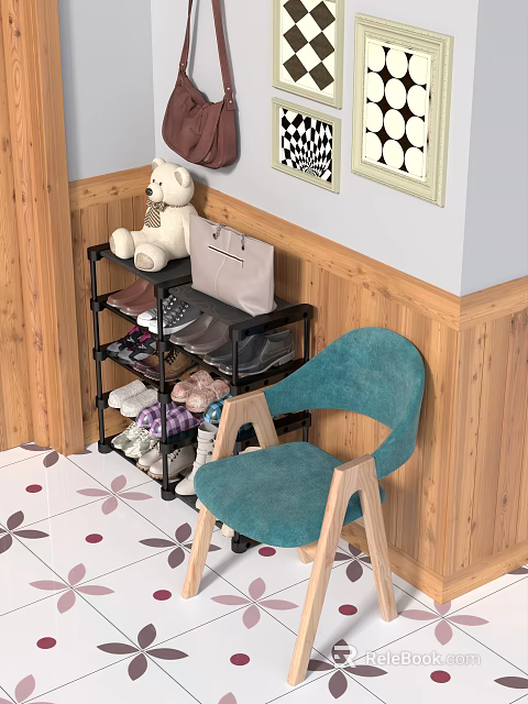 Wooden Table And Blue Chair Set In Entryway With Shoe Rack 3d model 