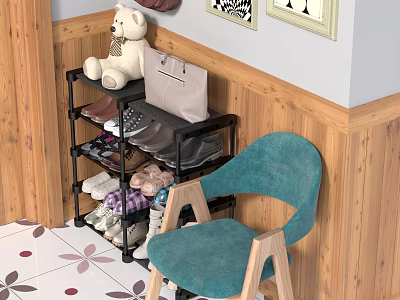Wooden Table And Blue Chair Set In Entryway With Shoe Rack 3d model