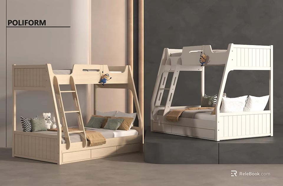 Modern Bunk Bed Design With Light Wood And White Finish Ladder Guardrail Pillows And Blankets 3d model 