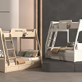 Modern Bunk Bed Design With Light Wood And White Finish Ladder Guardrail Pillows And Blankets