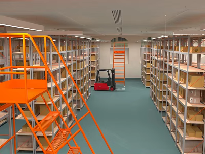 Spacious Warehouse Interior With Organized Metal Shelves Red Forklift Orange Ladder And Storage Boxes 3d model