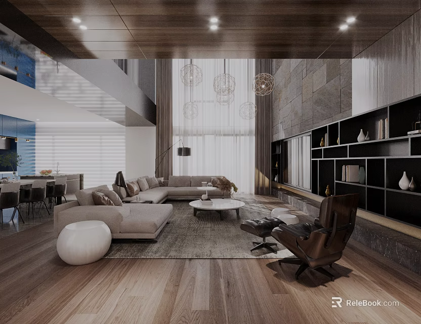 Loft Style Duplex Living Room With Large Sofa And Chandeliers 3d model