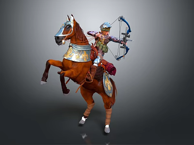 Armored Archer Riding Brown Rearing Horse With Bow And Ornate Decorations 3d model