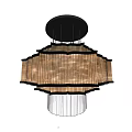 Modern Crystal Chandelier With Black Circular Base Layered Wooden Strips And Crystal Pendants