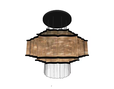 Modern Crystal Chandelier With Black Circular Base Layered Wooden Strips And Crystal Pendants 3d model