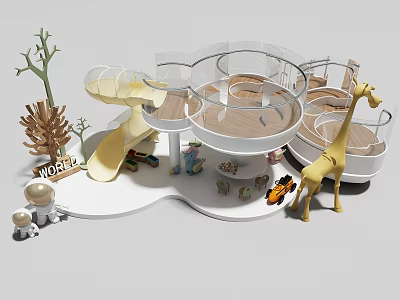 Indoor Children Play Equipment Featuring Slide Circular Platforms Wooden Elements Tree Decor And Giraffe Toy 3d model