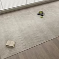 Minimalist Square Rug on Wooden Floor with Open Book and Green Fruits Plate