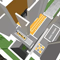 Garden Landscape Design Between Buildings With Green Lawn Areas And Paved Paths