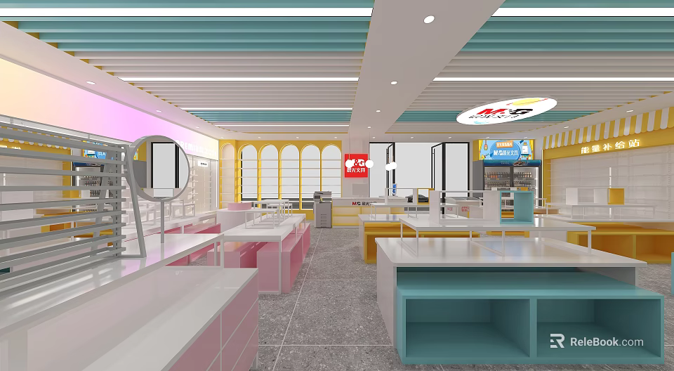 Modern Retail Store Interior With Colorful Counters Display Shelves And Bright Lighting 3d model 