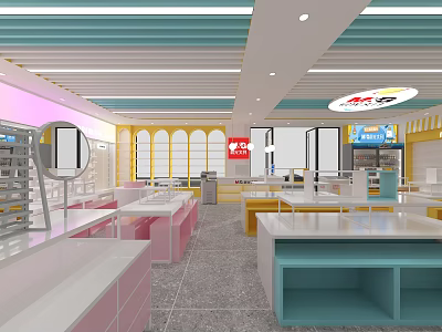 Modern Retail Store Interior With Colorful Counters Display Shelves And Bright Lighting 3d model