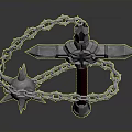 Cross Shaped Fantasy Weapon Featuring Red Handle Chain And Star Mace Head