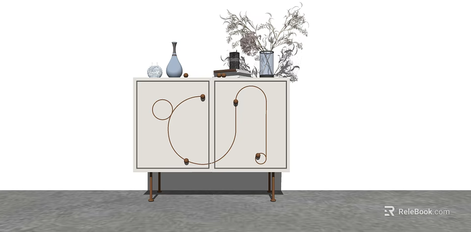 Modern White Entryway Cabinet Sideboard With Brown Line Decor Wooden Legs Vases Books Dried Flowers 3d model 