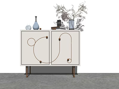Modern White Entryway Cabinet Sideboard With Brown Line Decor Wooden Legs Vases Books Dried Flowers 3d model