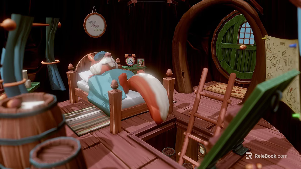 Cozy Wooden Cabin Interior With Fox Sleeping On Bed Green Door And Round Window 3d model 