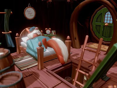 Cozy Wooden Cabin Interior With Fox Sleeping On Bed Green Door And Round Window 3d model