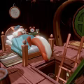 Cozy Wooden Cabin Interior With Fox Sleeping On Bed Green Door And Round Window