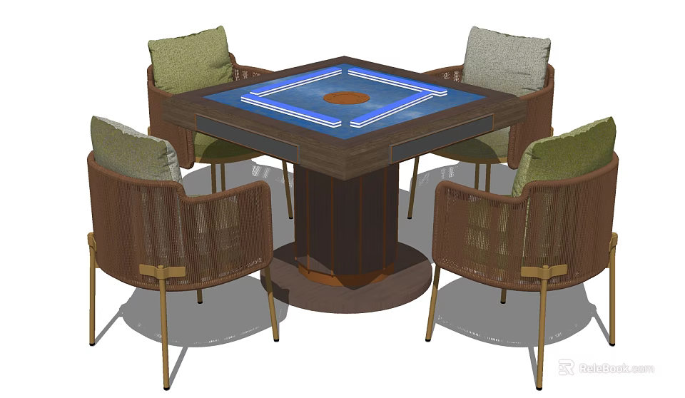 Square Entertainment Table With Blue Surface Orange Circle And Four Wicker Chairs Green Gray Cushions 3d model 