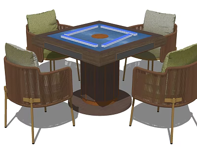 Square Entertainment Table With Blue Surface Orange Circle And Four Wicker Chairs Green Gray Cushions 3d model