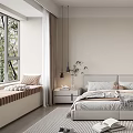 Modern Bedroom Interior With Bedside Tables Window Rug Wardrobe Decorative Paintings And Bookshelf Lighting
