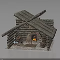 Log Cabin Structure with Crossed Wooden Roof Beams and Interior Fireplace with Burning Fire