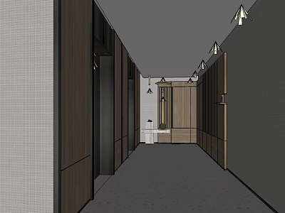 Modern Elevator Corridor Interior With Wooden Panels Gray Tones And Recessed Lights 3d model