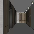 Modern Elevator Corridor Interior With Wooden Panels Gray Tones And Recessed Lights