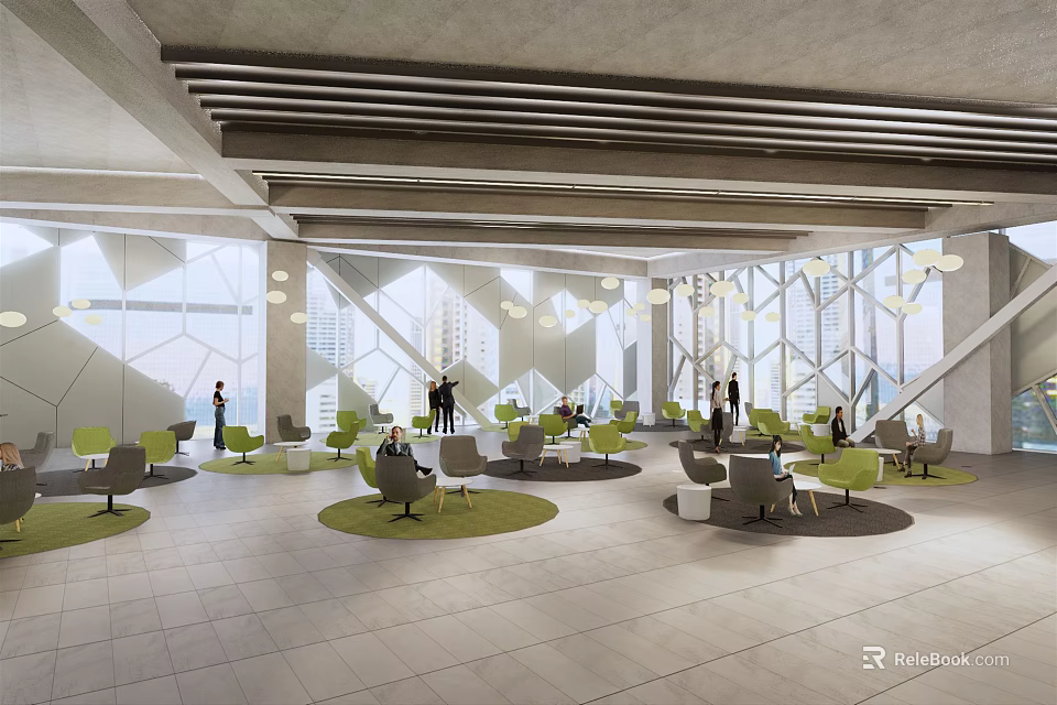 Modern Lounge Area With Circular Green Rugs Comfortable Chairs And Large Windows 3d model 
