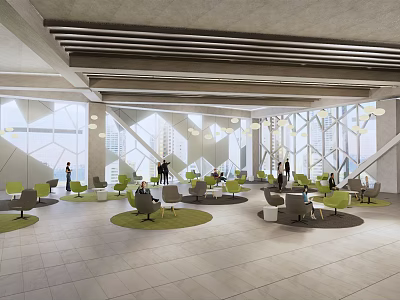 Modern Lounge Area With Circular Green Rugs Comfortable Chairs And Large Windows 3d model