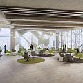 Modern Lounge Area With Circular Green Rugs Comfortable Chairs And Large Windows